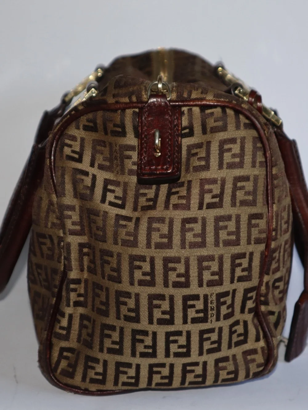 Fendi Zucchino FF Bauletto Vintage Boston Bag Brown